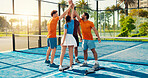 Padel, sports and friends on court high five for training, practice and start exercise for challenge. Fitness, teamwork and men with women celebrate for game, tennis match and competition outdoor