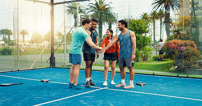 Buy stock photo Huddle, padel team and hands together with people on court for support, tournament mission and goal. Tennis player, training and motivation with friends, partner and competition for solidarity