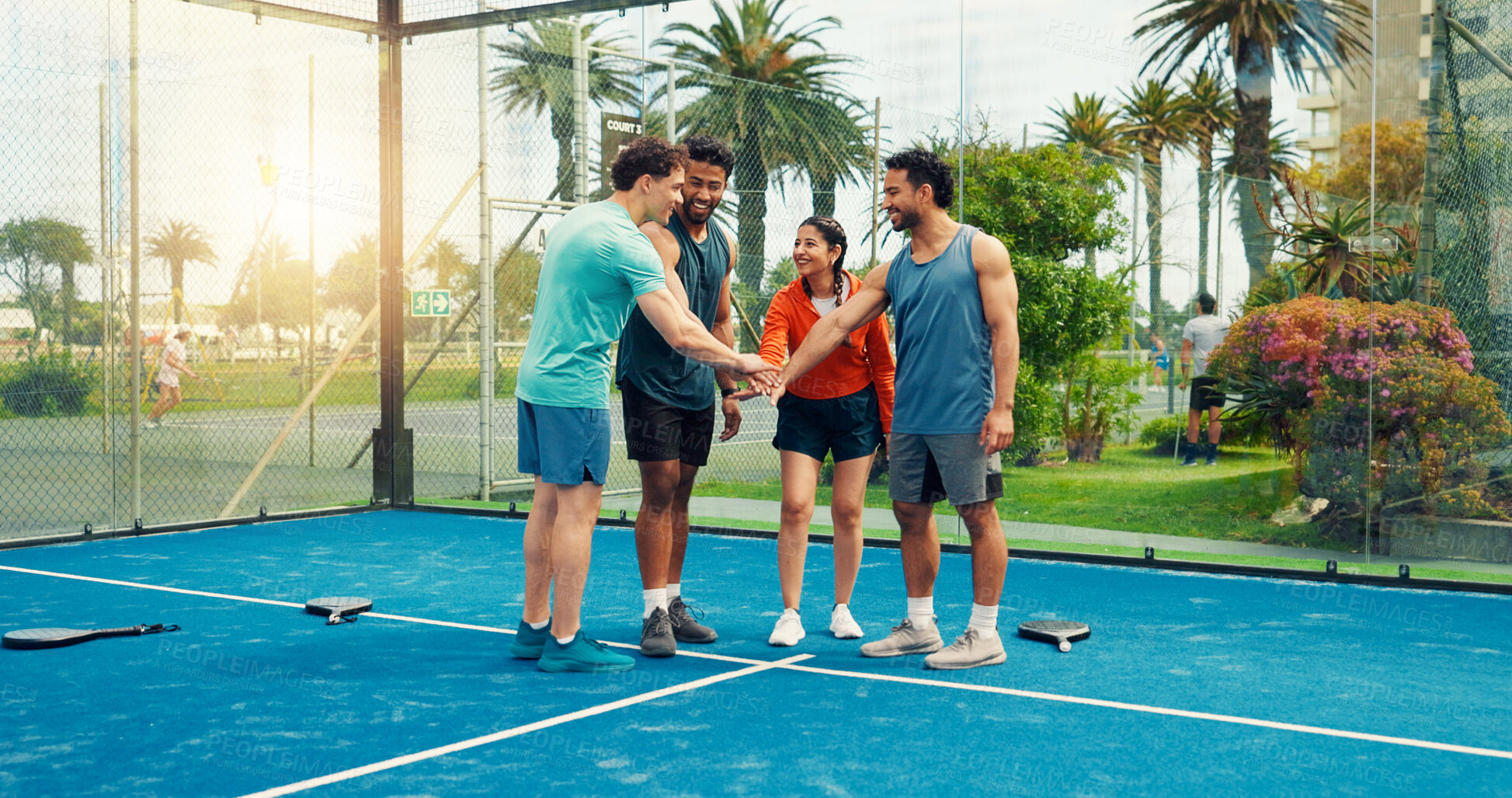 Buy stock photo Huddle, padel team and hands together with people on court for support, tournament mission and goal. Tennis player, training and motivation with friends, partner and competition for solidarity