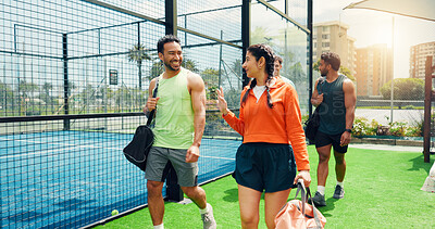 Buy stock photo Tennis, people or walk to court with conversation for sport game, friendly match or competition practice. Active, friends outdoor or gym bag with discussion for fitness, padel tournament or training.
