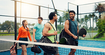 Buy stock photo Padel, friends or walk on court with discussion for sport game, friendly match or start practice. Active, people outdoor and racket with conversation for fitness, tennis tournament or begin training.