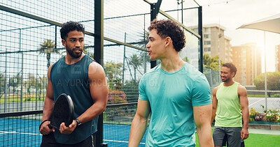 Buy stock photo Padel, people or walk to court with conversation for sports game, friendly match or competition practice. Active, friends outdoor or workout with discussion for tennis fitness, tournament or training