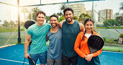 Buy stock photo Padel, sports and portrait of friends on court for game, tournament and competition outdoor. Tennis, athlete team and people hug for training, exercise and workout for challenge, practice and fitness