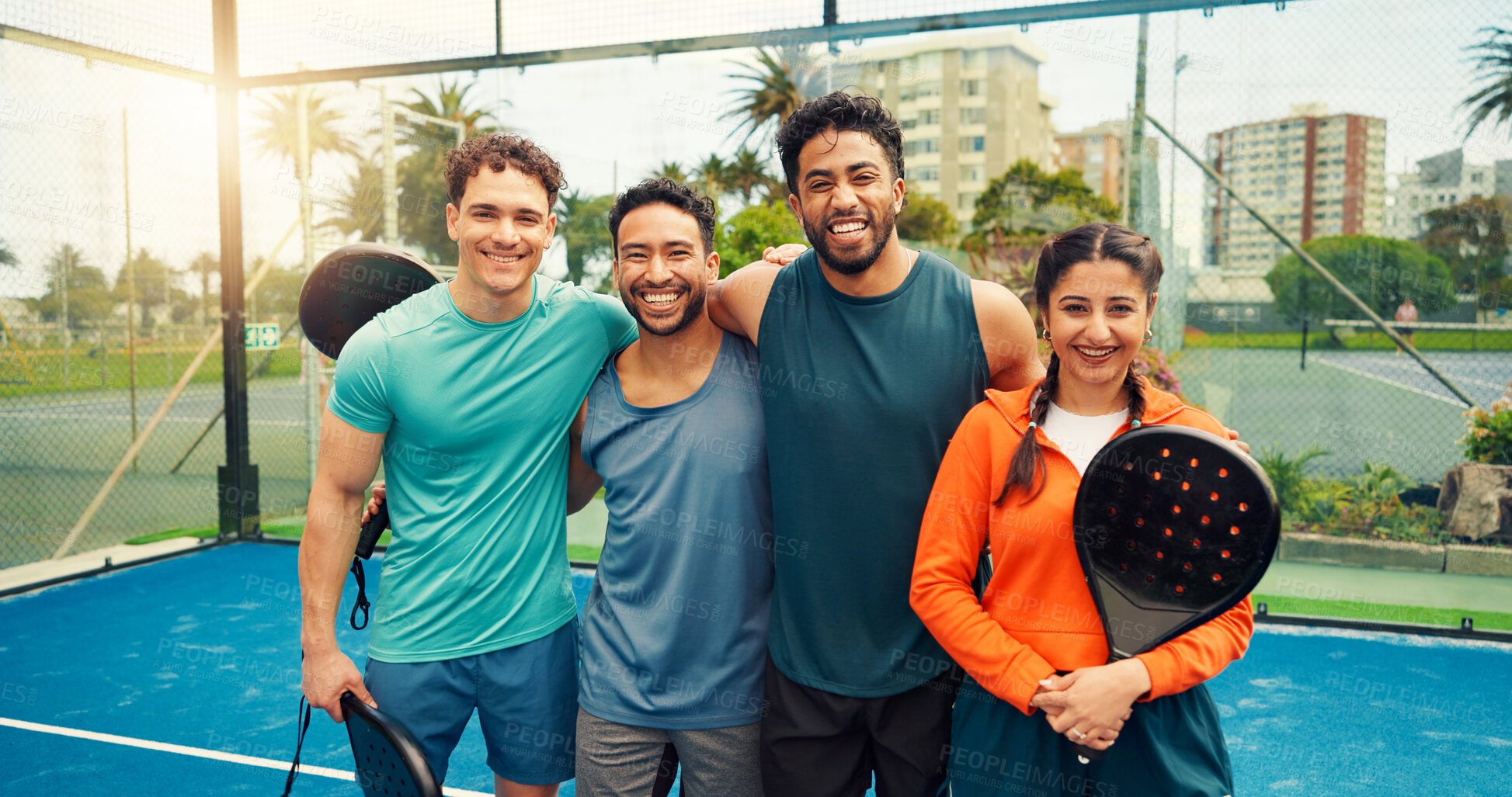 Buy stock photo Padel, sports and portrait of friends on court for game, tournament and competition outdoor. Tennis, athlete team and people hug for training, exercise and workout for challenge, practice and fitness