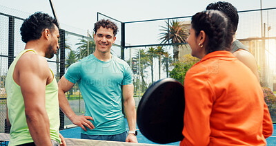 Buy stock photo Smile, padel team and conversation with people on court for support, tournament and fitness. Tennis player, training and bonding with friends, partner and challenge for competition and sport workout