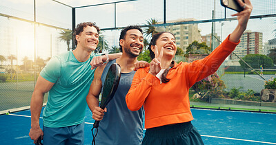 Buy stock photo Padel, selfie and people with fitness, smile and training with profile picture, relax and peace sign. Friends, men and woman with photography, practice and sports competition with tournament memory
