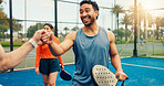 Men, fist bump and padel with smile, sports and respect with support, challenge and excited for game. People, athlete and happy with greeting at tennis court, exercise or contest at fitness club