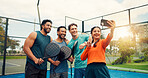 Padel, selfie and people with fitness, smile and practice with profile picture, break and match. Tennis players, men and woman with photography, training and sports competition with tournament memory