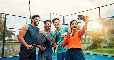 Buy stock photo Padel, selfie and people with fitness, smile and practice with profile picture, break and match. Tennis players, men and woman with photography, training and sports competition with tournament memory
