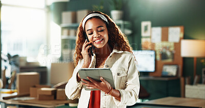 Buy stock photo Phone call, logistics and woman with tablet in office for distribution deal, negotiation or talk. Chat, happy person or ecommerce entrepreneur with tech for stock procurement, sales or small business