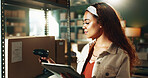 Scanner, supply chain and woman on tablet with box for shipping, online orders and distribution. Small business, startup and person on tech for logistics, package label and barcode info for delivery