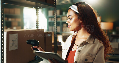 Buy stock photo Scanner, supply chain and woman on tablet with box for shipping, online orders and distribution. Small business, startup and person on tech for logistics, package label and barcode info for delivery