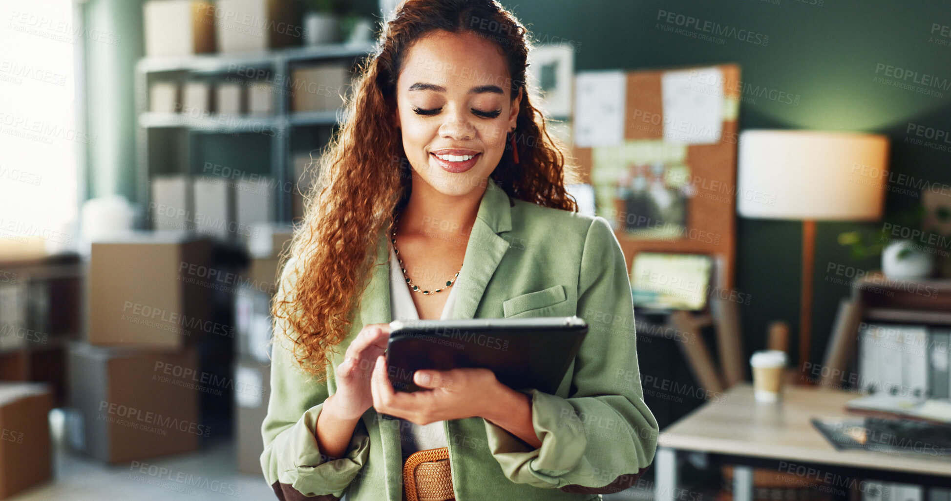 Buy stock photo Small business, supply chain and woman in office on tablet for shipping, online orders and distribution. Happy, startup and person on digital tech for logistics, delivery update and inventory website
