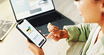 Online shopping, laptop or hands with phone screen for payment, digital purchase or successful transaction. Ecommerce, banking approval or woman with fintech from high angle or customer experience