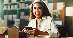 Ecommerce, portrait or woman in office with phone, pride and founder of logistics startup. Confidence, smile or entrepreneur in storage unit with tech, distribution or small business in supply chain.