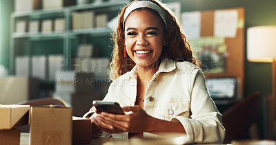 Buy stock photo Ecommerce, portrait or woman in office with phone, pride and founder of logistics startup. Confidence, smile or entrepreneur in storage unit with tech, distribution or small business in supply chain.