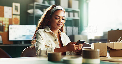 Buy stock photo Boxes, logistics and phone with woman in distribution office for delivery or shipping schedule. App, tracking and typing with employee person in supply chain warehouse for export or import of goods