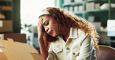Buy stock photo Boxes, logistics and stress with woman in distribution warehouse for delivery fail or mistake. Backlog, crisis and delay with employee person in supply chain office for shipping or tracking error