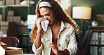 Boxes, logistics and tissue with sick woman at warehouse for delivery in cold or flu season. Blowing nose, sneezing and supply chain with employee person in office for distribution or shipping
