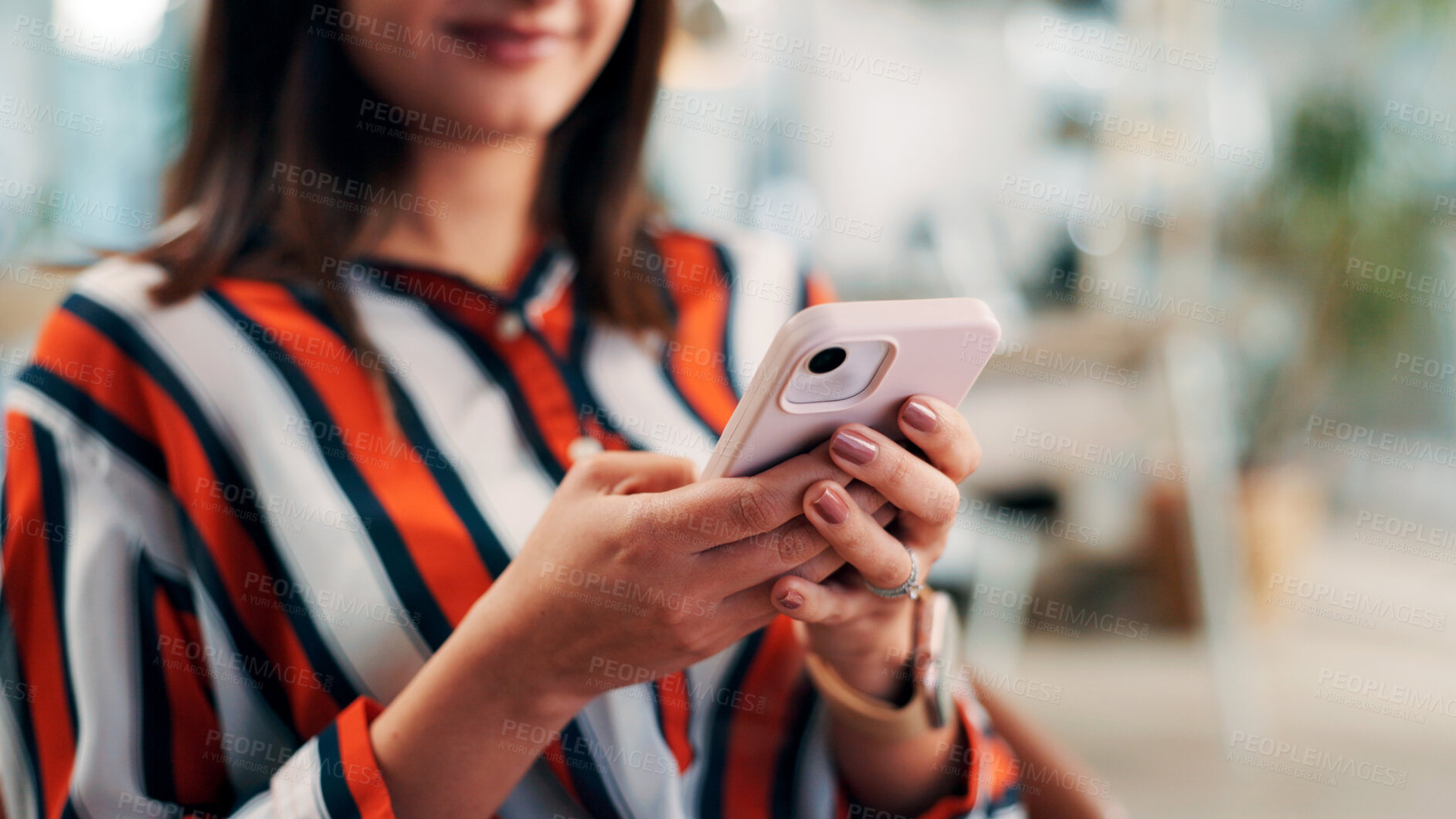 Buy stock photo Media agency, hands and woman in office, smartphone and typing with website campaign. Person, mobile user and journalist in workspace, cellphone and email for schedule and digital app for chatting