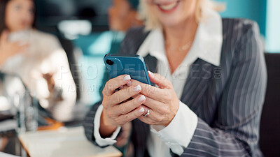 Buy stock photo Business woman, hands or typing with mobile in meeting, review agenda or research info for board gathering. Online resources, digital programme or manager prepare for workshop, multitasking or person