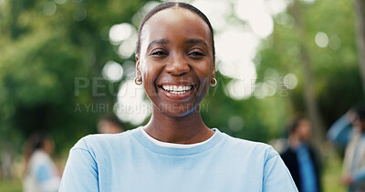 Buy stock photo Portrait, volunteer and woman with smile in park, eco advocate and pride for environmental justice. Outdoor, community service or person with social responsibility, bokeh or sustainability activist