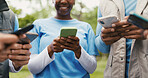 Phone, volunteer and team with hands of people in nature for community service chat, solidarity and eco ngo app. Environment fundraising , earth day and collaboration with group of friends outdoor