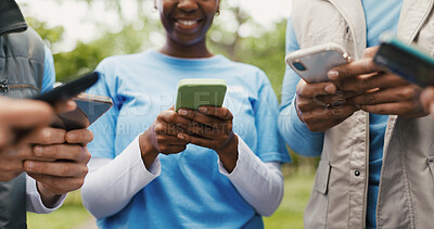 Buy stock photo Phone, volunteer and team with hands of people in nature for community service chat, solidarity and eco ngo app. Environment fundraising , earth day and collaboration with group of friends outdoor