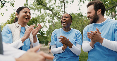 Buy stock photo Applause, laughing and volunteer people outdoor for food drive celebration, motivation or success. Donation, funny and support with excited friends clapping in park for charity or community outreach