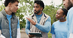 Volunteer, tablet and team outdoor for meeting, planning and community service discussion. Tech, people and group with charity worker at park for coordination, donation project and non profit leader