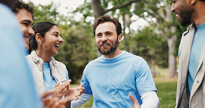 Buy stock photo Volunteer, clapping and celebration with team outdoor for goal or conservation success. Excited people, charity group or applause for community service achievement, sustainable NGO or positive impact