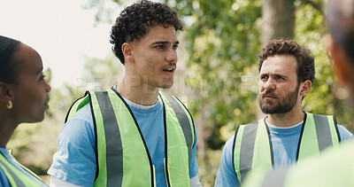 Buy stock photo Volunteer, team or people in park with discussion, talk or instruction in eco friendly campaign. Environment, coordination or NGO outdoor with motivation, guidance or clean up in earth day awareness.