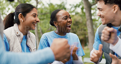 Buy stock photo Happy, volunteers and applause for success, NGO and complete project for community service in forest. Outdoor, celebration and people with social responsibility, charity and clapping for achievement