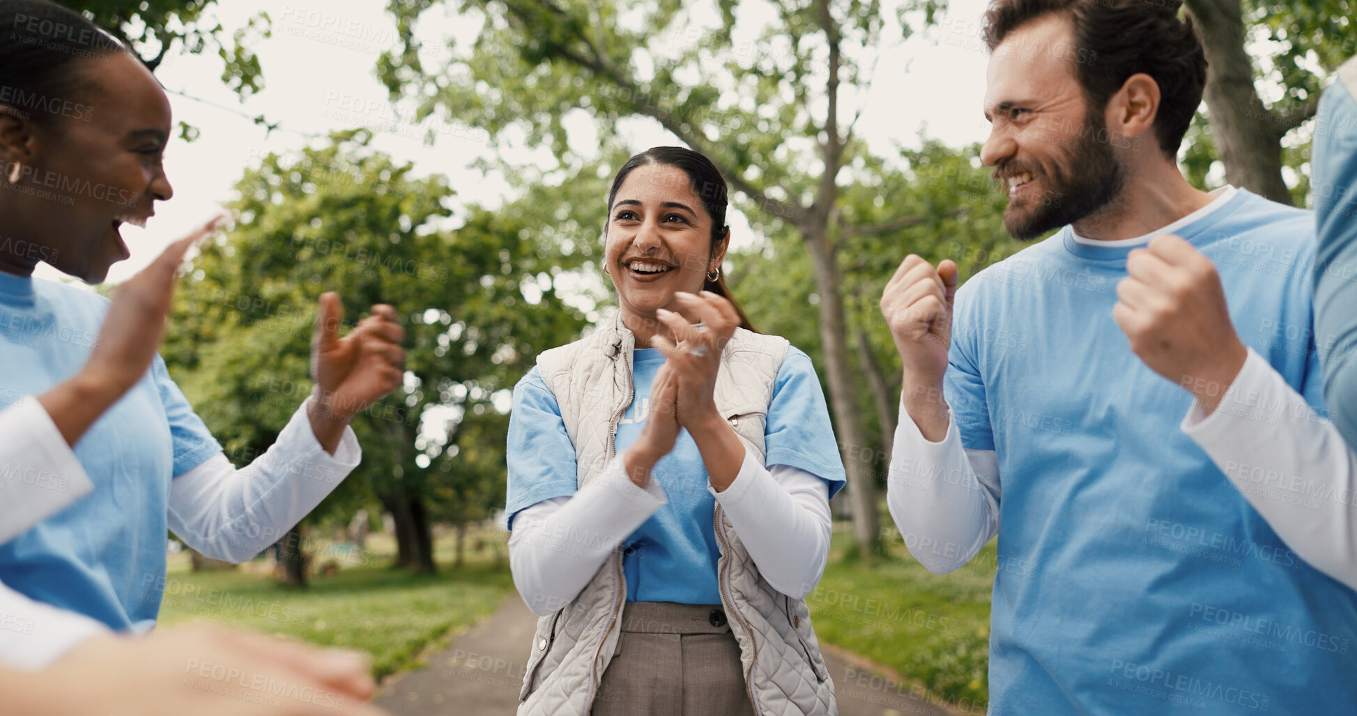 Buy stock photo Excited, volunteers and applause for success, charity and celebration for community service and NGO. Outdoor, happy and people with social responsibility, laugh and clapping for achievement in forest