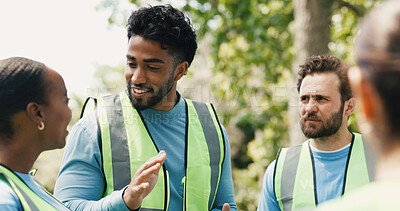 Buy stock photo Outdoor, volunteers and planning for project, charity and discussion for community service and talk. People, conversation and collaboration for NGO, humanitarian and social responsibility in woods