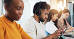 Headphones, university and students on tech in class for learning, studying and education. College, academy and people on tablet for research, website and streaming for project, lesson and assignment