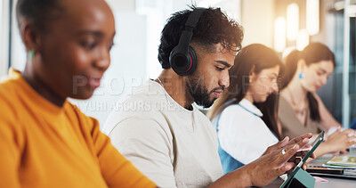 Buy stock photo Headphones, university and students on tech in class for learning, studying and education. College, academy and people on tablet for research, website and streaming for project, lesson and assignment