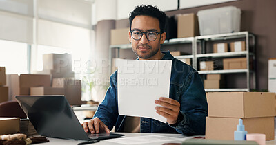 Buy stock photo Man, documents and laptop for dropshipping, logistics or contract for distribution deal in office. Person, paperwork and admin for supply chain, invoice or happy with computer for shipping at startup