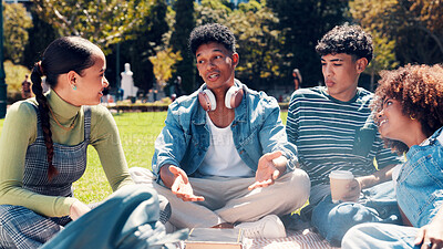 Buy stock photo People, students and discussion with book in park for social, education or learning in nature. Group, friends or conversation with novel or story for study, gathering or bonding on grass field