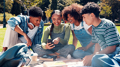 Buy stock photo University students, smartphone and people in park, conversation and website for test results. Campus, friends and men with women, cellphone and internet with online humor, connection and email