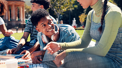 Buy stock photo Happy people, students or picnic with campus friends for social interaction together in park. Group, gen z or smile with discussion or converation for study gathering or bonding on grass field