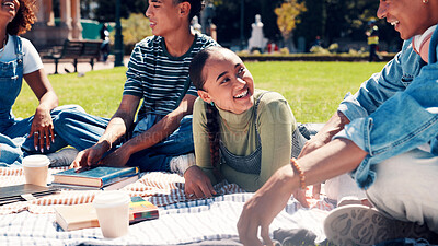 Buy stock photo Education, study session or friends with blanket on campus, sharing knowledge or books for learning. Conversation, exam preparation or people together for support, outdoor or teaching for scholarship