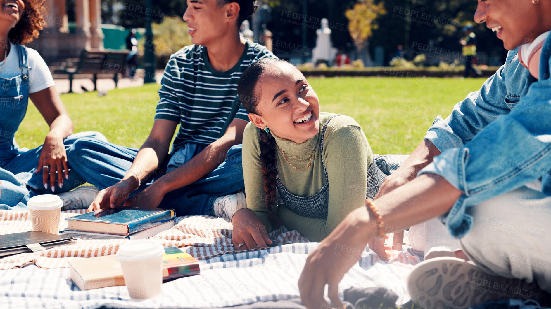 Buy stock photo Education, study session or friends with blanket on campus, sharing knowledge or books for learning. Conversation, exam preparation or people together for support, outdoor or teaching for scholarship