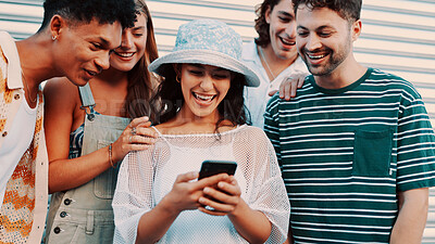Buy stock photo Mobile, funny friends and people outdoor for social media, connectivity or share meme. Laugh, men and women with phone for chat, humor and networking together for online communication with group