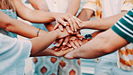 Hands stack, outdoor and people with support, teamwork and unity with community. Closeup, friendship and group with gesture, solidarity and cooperation with trust, motivation and collaboration