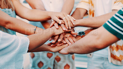 Buy stock photo Hands stack, outdoor and people with support, teamwork and unity with community. Closeup, friendship and group with gesture, solidarity and cooperation with trust, motivation and collaboration