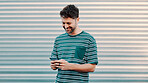 Outdoor, connectivity or happy man typing with phone for communication, digital chat or reading message. Check notification, texting or person with mobile for browsing web, networking or mockup space