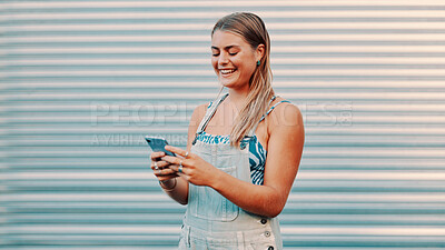 Buy stock photo Outdoor, connectivity or happy woman typing with phone for communication, digital chat or reading message. Check notification, texting or person with mobile app for browsing web, networking or space