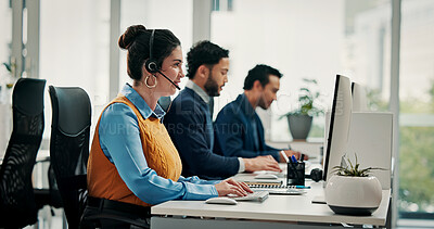 Buy stock photo Call center, computer and woman in office, talking an communication with system solution. Employees, consultation or people with advice, coworking and contact us with conversation or customer support