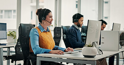 Buy stock photo Computer, contact us and happy woman in call center for help desk, technical support or coworking. Smile, hotline or consultant with technology for customer service, IT solution or network connection